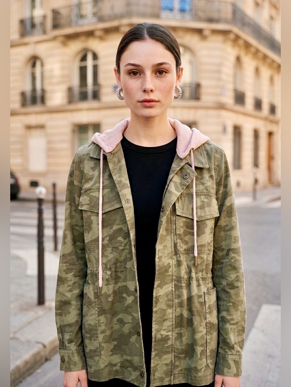 Caslon Women’s Green Camouflage Jacket with Pink Hood & Drawstring closure